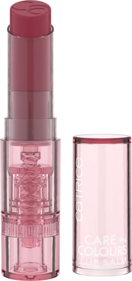 Roze lippenstift in doorzichtige plastic huls met bijpassende dop, staand rechtop naast de dop.