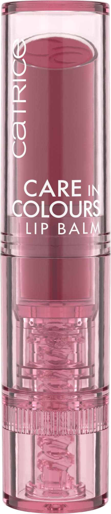 Een roze, doorzichtige lippenbalsamstift met witte tekst die zegt "care in colours lip balm" en decoratief ontwerp.
