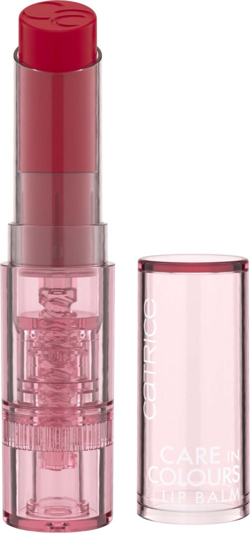 A pink lipstick in a clear case with cap, standing upright and showing the lipstick inside.