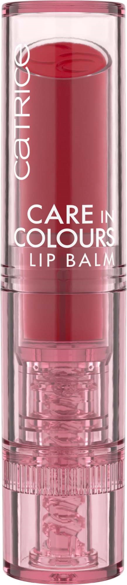 A lipstick in a clear pink tube, labeled 'Care in Colours Lip Balm' by Catrice, with visible red-colored balm inside.