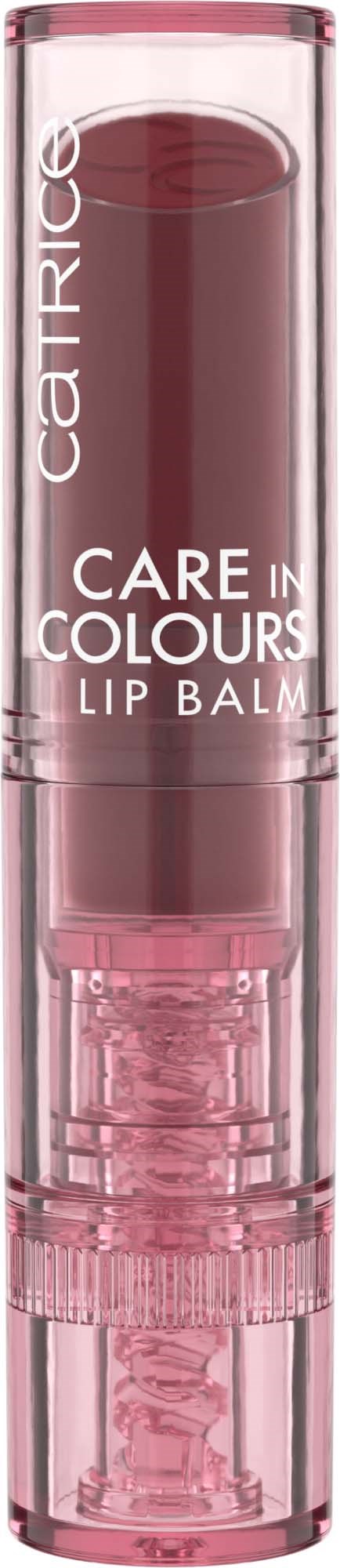 A pink transparent lip balm tube with white text, showing a dark lipstick inside. The brand name 'catrice' is visible.