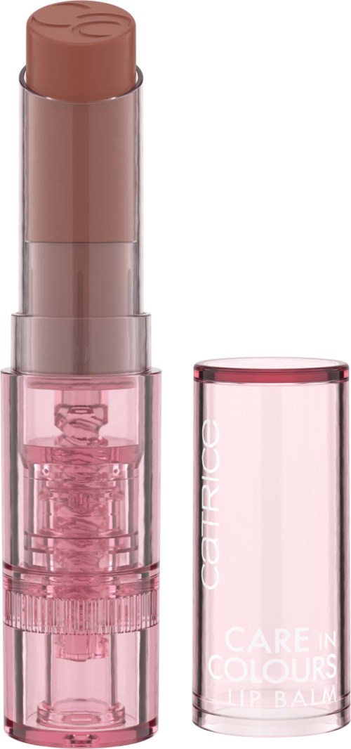 A pink lipstick in a transparent case with a cap, showing the lipstick inside.
