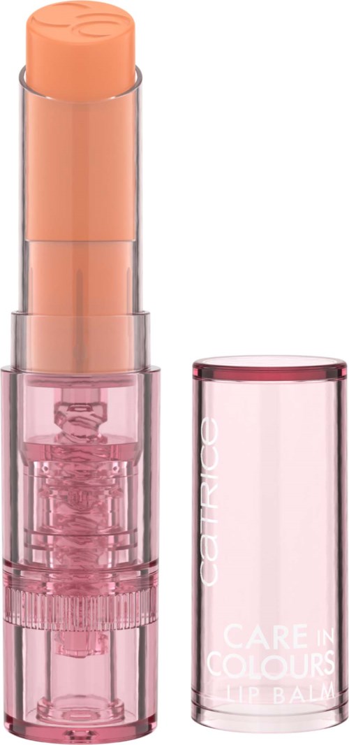 A pink lipstick with a clear cap and a light peach-colored lipstick inside.