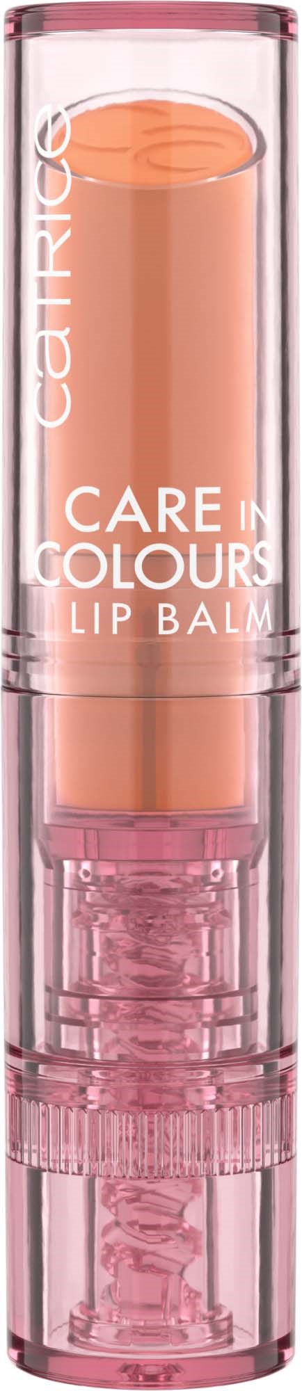 Pink lip balm in clear tube with pink cap and white text, labeled 'Care in Colours Lip Balm'.