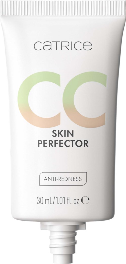 Valkoinen putkilopakkaus, jossa lukee Catrice CC Skin Perfector, vähentää punoitusta, yläpäässä kierrekorkki.