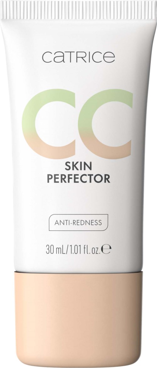 Catrice CC Skin Perfector -tuubi, suunniteltu punoituksen vähentämiseen, valkoinen ja beigeväri.