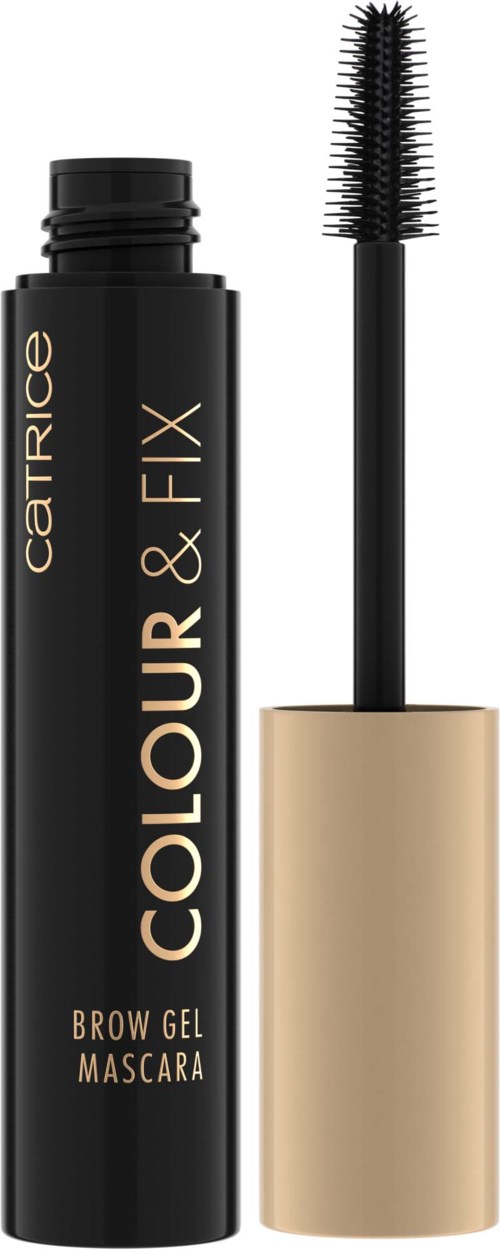 A black mascara tube with a gold cap and a brush, labeled 'Catrice Colour & Fix Brow Gel Mascara.'