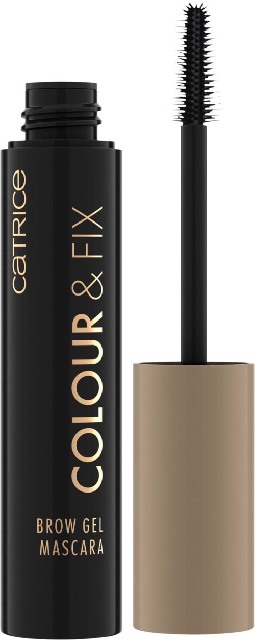 A black tube of brow gel mascara with a beige cap and a wandering comb brush attached.
