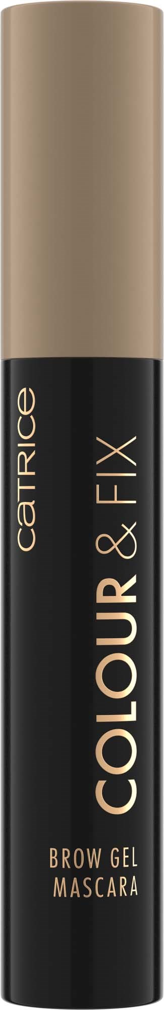 A tube of Catrice brow gel mascara with beige and black packaging and gold text.