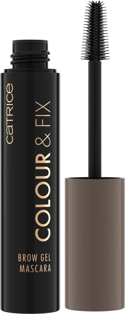 A black tube of brow gel mascara with a brown cap and a spoolie brush.