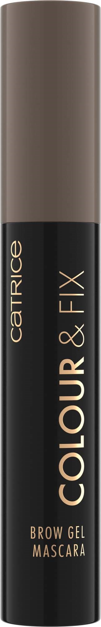 A brown color product labeled CATRICE Colour & Fix Brow Gel Mascara in a black and beige tube.
