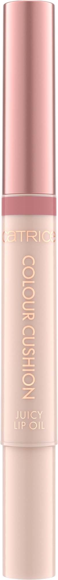 A light beige liquid lipstick with a pink cap. It is labeled 'Colour Cushion Juicy Lip Oil.'