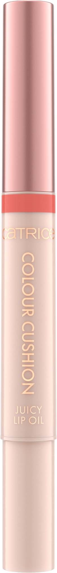 Lippenbalsem in een beige tube met een roze dop, gemarkeerd "Colour Cushion" en "Juicy."