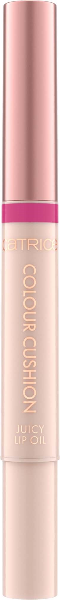 A lip gloss tube with a pink cap and beige body, labeled 'Colour Cushion' and 'Juicy Lip Oil'.