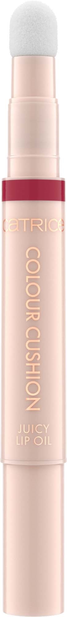 Lippenpflege-Stift mit weißer Schwammapplikator und rosafarbener Hülle, beschriftet 'Colour Cushion' und 'Juicy Lip Oil.'
