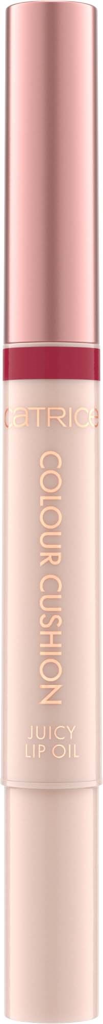 Ein Lippenstift mit rosa Deckel und beigem Körper, beschriftet 'Color Cushion' und 'Juicy Lip Gloss.'
