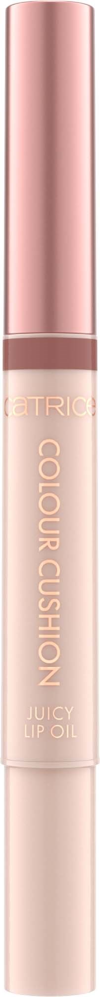 A sleek beige lip gloss tube with a light pink cap, labeled 'Colour Cushion' and 'Juicy Lip Oil.'