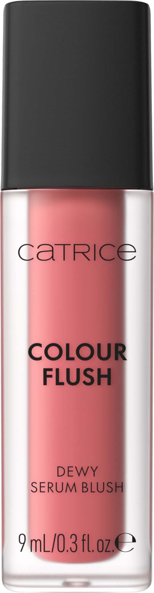 En flaske med Catrice Colour Flash Dewy Serum Blush, rosa væske inni, med svart hette og etikett.