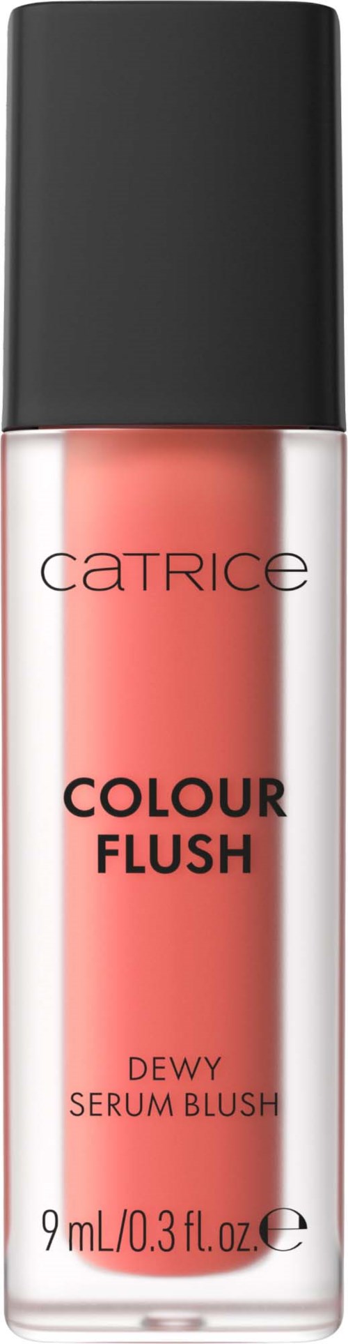 En leppestift og kinnfarge i en gjennomsiktig flaske med svart hette, merket Catrice Colour Flush Dewy Serum Blush, 9 ml.
