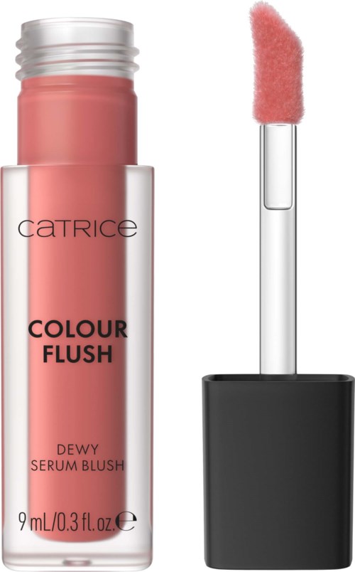 En rosa flytende blush i en klar flaske med svart hette og en rosa svampapplikator.