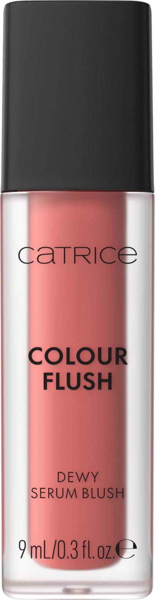 Flaske med CATRICE Colour Flush Dewy Serum Blush i lys rosa med svart lokk.