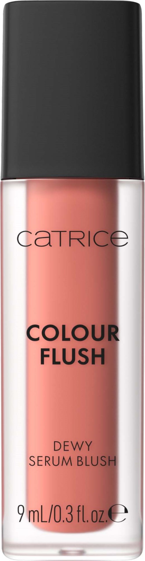 Catrice farge blush i en myk ferskenfarge, i en klar flaske med svart lokk, etiketten viser produktdetaljer.