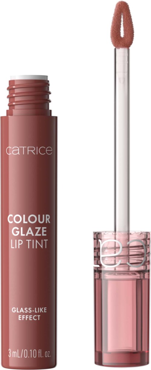 A lip gloss tube with a spoolie applicator, labeled 'Catrice Colour Glaze Lip Tint,' in pinkish tones.