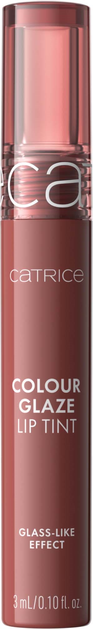 A pink lip tint tube labeled Catrice Colour Glaze with glass-like effect, 3ml or 0.10 fl oz.