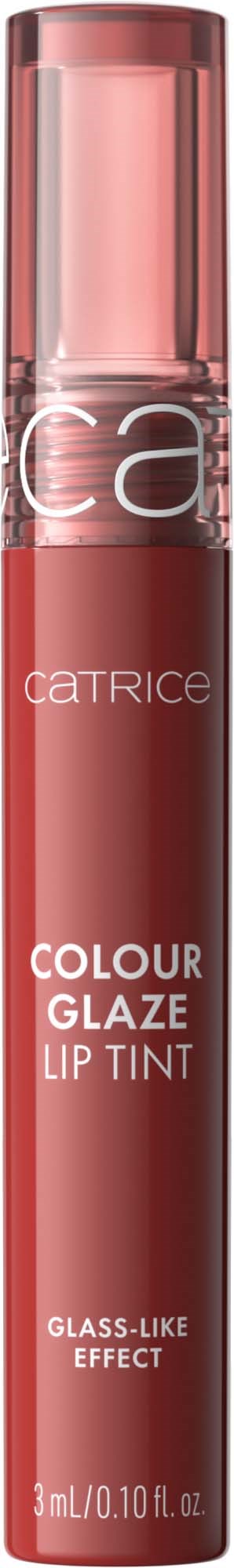 Een lippenstift met roze deksel en rode tint. Het toont het merk Catrice en zegt 'Colour Glaze Lip Tint.'