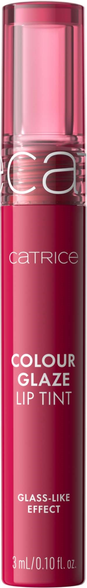 Pink lip gloss tube with a clear cap, labeled "Catrice Colour Glaze Lip Tint" with glass-like effect.