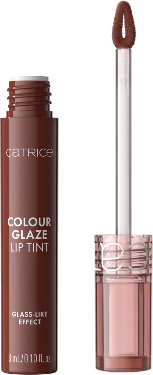 A brown lip gloss tube with a wand applicator next to it, labeled 'Catrice Colour Glaze Lip Tint'.