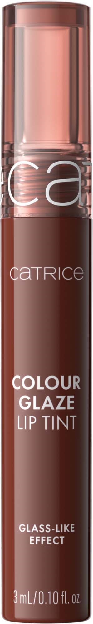 A brown lip tint tube with a pink cap, labeled Catrice Colour Glaze Lip Tint, in a sleek design.
