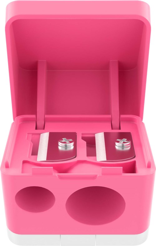 Roze contactlenzenbakje met twee vakken en deksel, bevat contactlenzen.