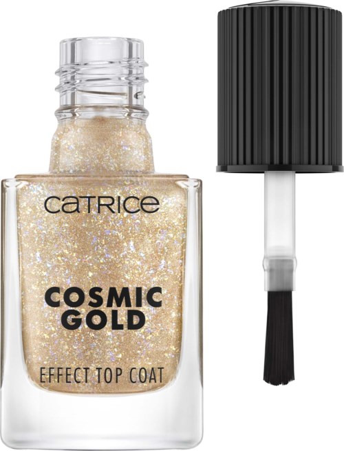 Een doorzichtige fles met glinsterende gouden nagellak en zwart deksel met kwast ernaast.