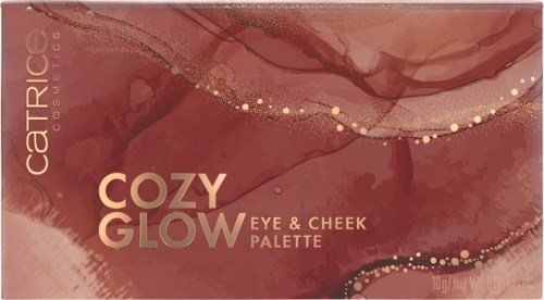 Brand name and product are displayed; warm red and gold colors, abstract design, lightweight. CATRICE COSMETICS Cozy Glow palette.