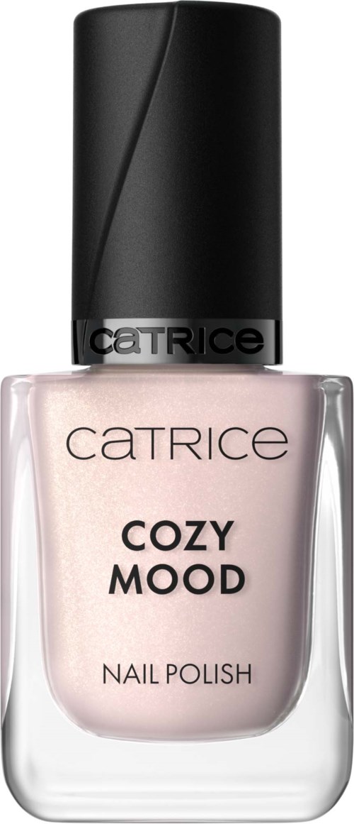 En flaska med Catrice Cozy Mood nagellack med svart kork och ljusrosa lack inuti.