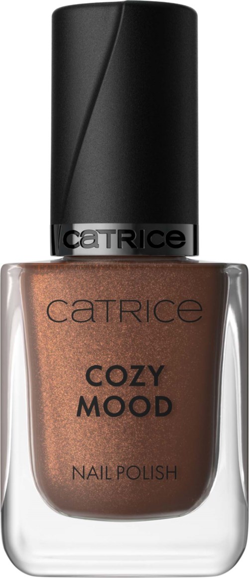 Catrice Cozy Mood nagellacksflaska med svart lock och beige glansigt nagellack.