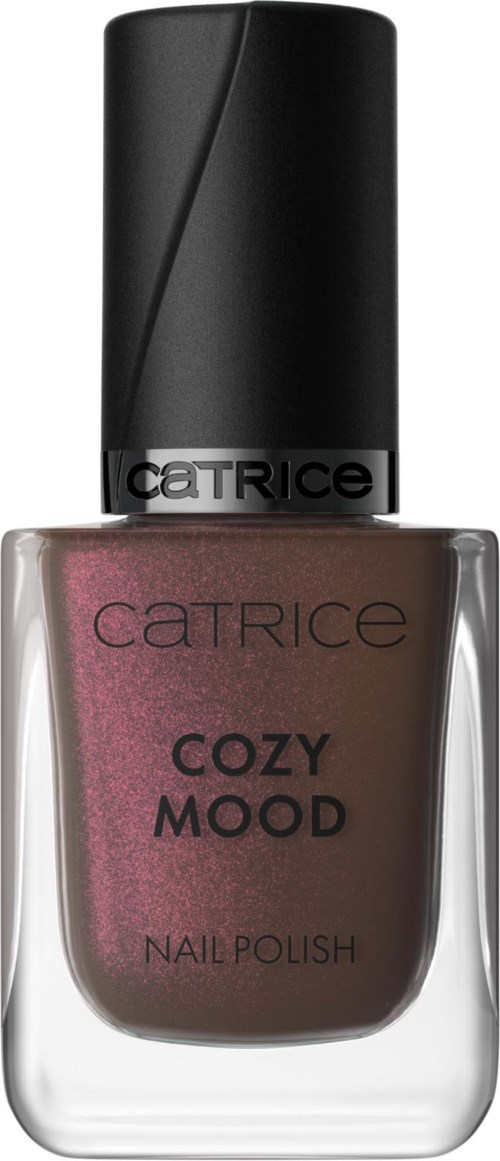 Catrice Cozy Mood nagellackflaska med rosa-brun färg och svart lock.