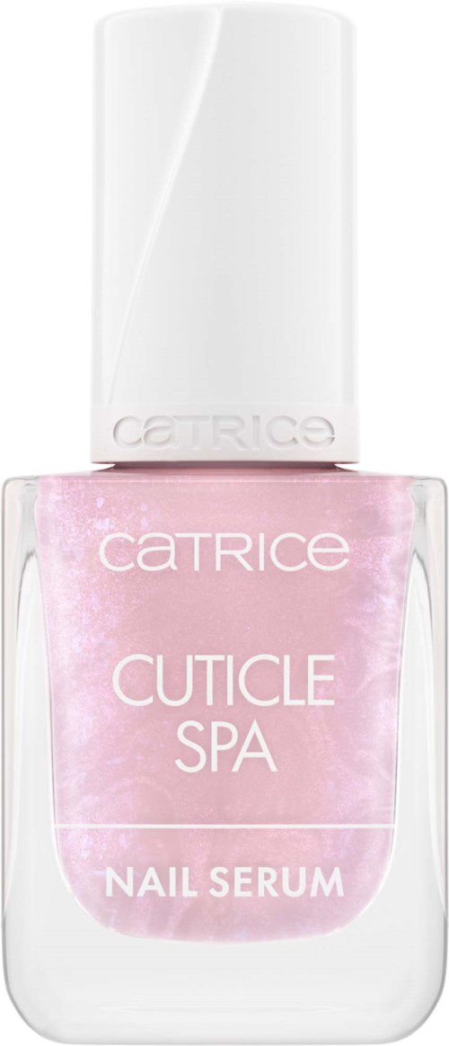Butelka różowego serum do paznokci o nazwie Catrice Cuticle Spa, z białym korkiem i prostym etykietą.