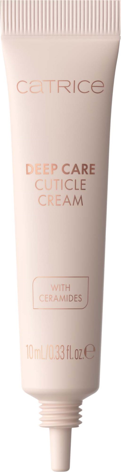 En tube av Catrice Deep Care Cuticle Cream med ceramider, 10 ml, i lys rosa og hvit emballasje.
