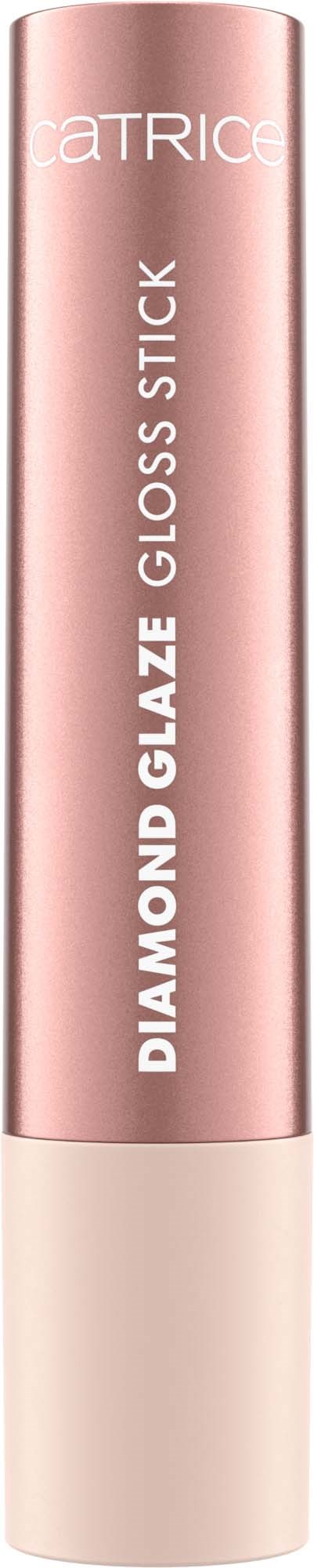 Roze cilindervormige lipgloss-stift met witte tekst. Het zegt 'CATRICE' en 'DIAMOND GLAZE GLOSS STICK'.