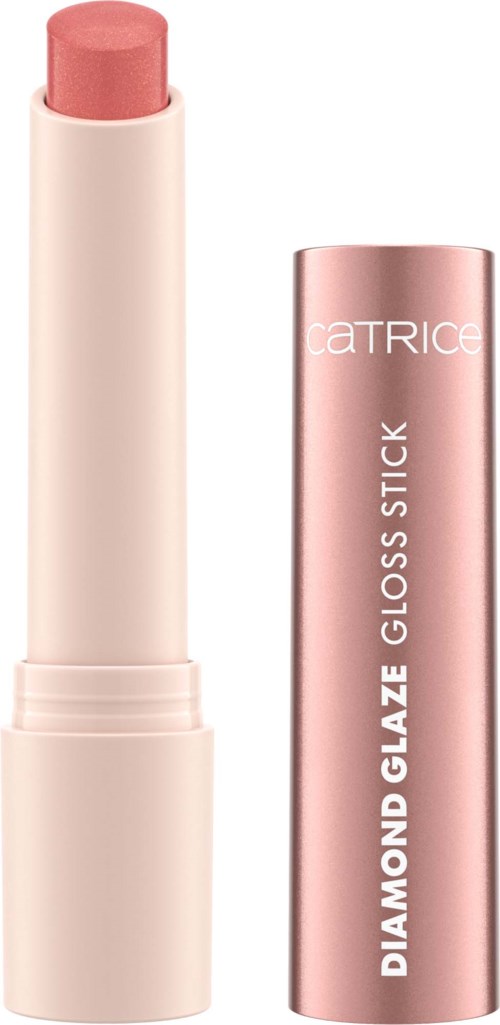 A pink lipstick with a beige case and a pink cap labeled 'Catrice Diamond Glaze Gloss Stick'.