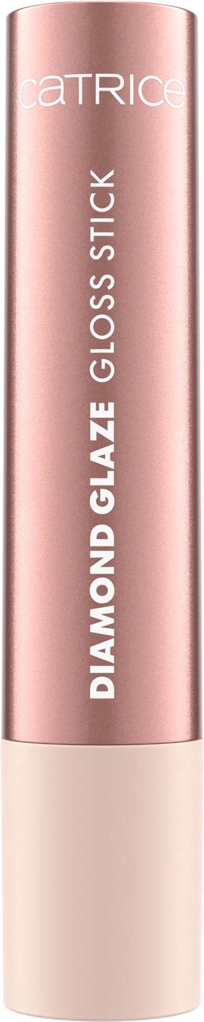 A pink and beige cylindrical lip gloss stick with brand and product name written vertically.