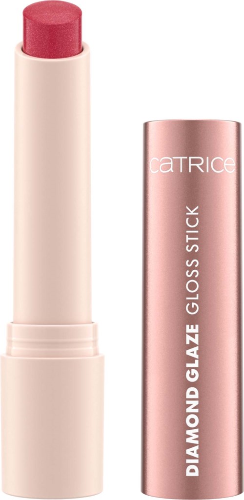 A pink lipstick stick and a shiny pink cap with the words "DIAMOND GLAZE GLOSS STICK" and brand name "CATRICE."