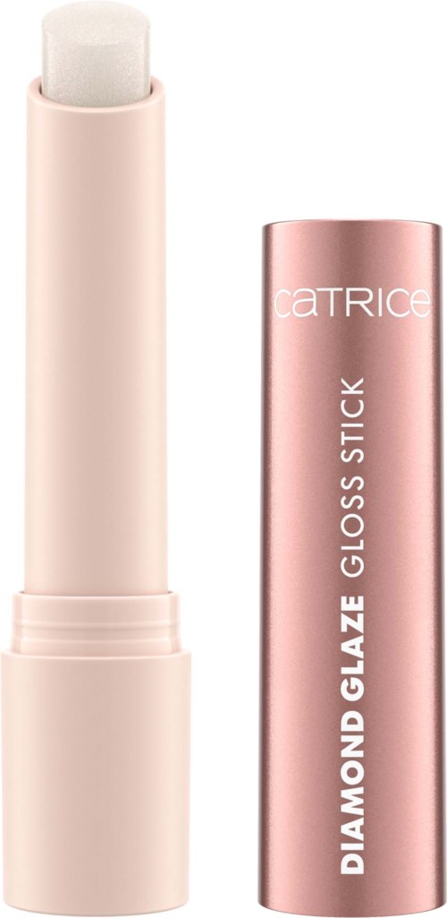 A pink lipstick with a white balm inside and a pink cap that says 'Catrice Diamond Glaze Gloss Stick'.