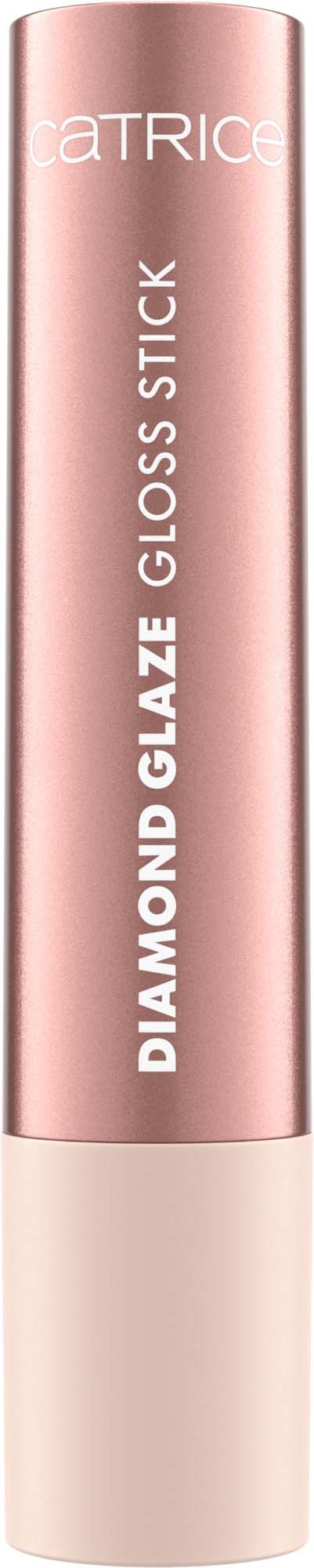 A pink cylindrical lip gloss stick with white cap, labeled 'Catrice Diamond Glaze Gloss Stick'.