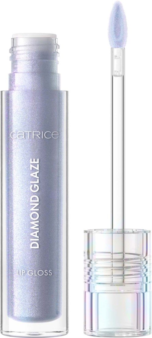 Sølvfarget leppglansrør med en klar applikator ved siden av, merket CATRICE Diamond Glaze Lip Gloss.