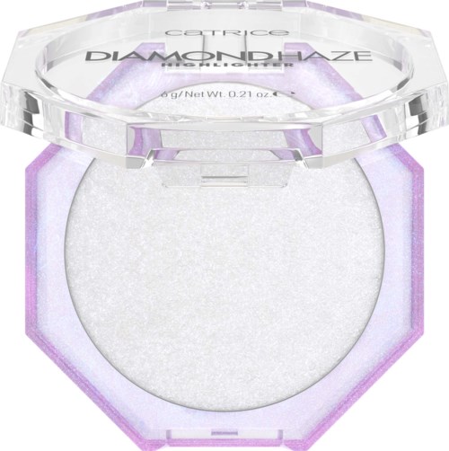 Valkoinen, pyöreä kosmetiikkatuote, kirkas kansi ja violette korostukset, nimeltä 'Catrice Diamond Desire.'