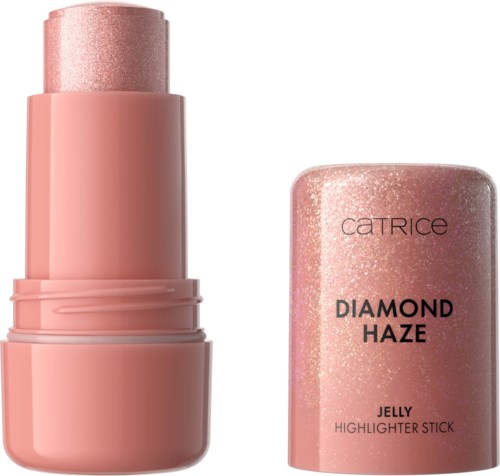 Een roze lipbalsemstick en deksel met glitters, gelabeld Catrice Diamond Haze Jelly Highlighter Stick.