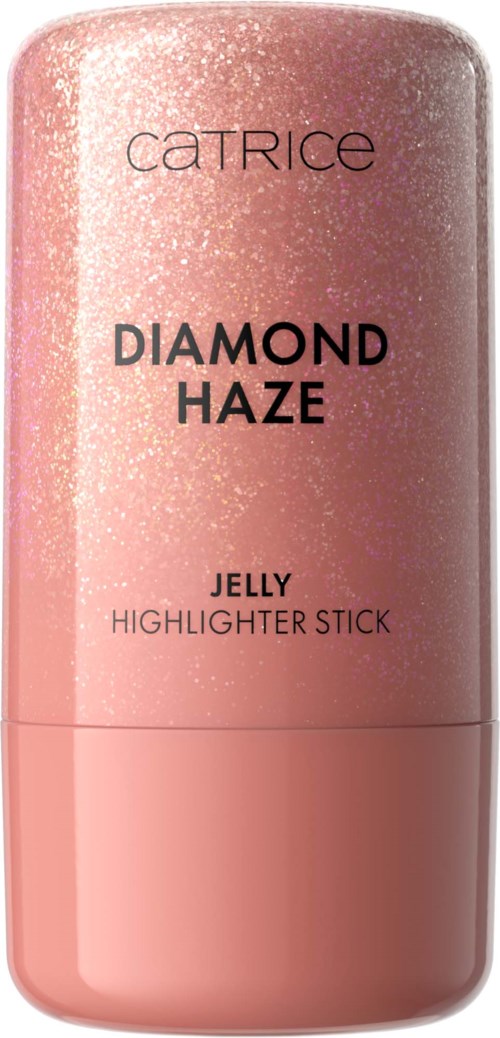 Roze container met glanzend ontwerp. Merk: Catrice. Text: Diamond Haze Jelly Highlighter Stick.